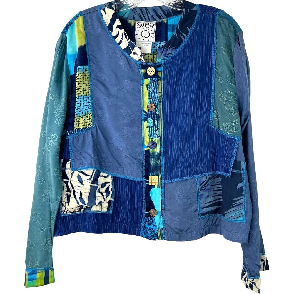 Surya Vintage Jacket Button Up Artsy Multi-Pattern Asian Patchwork Print Size M